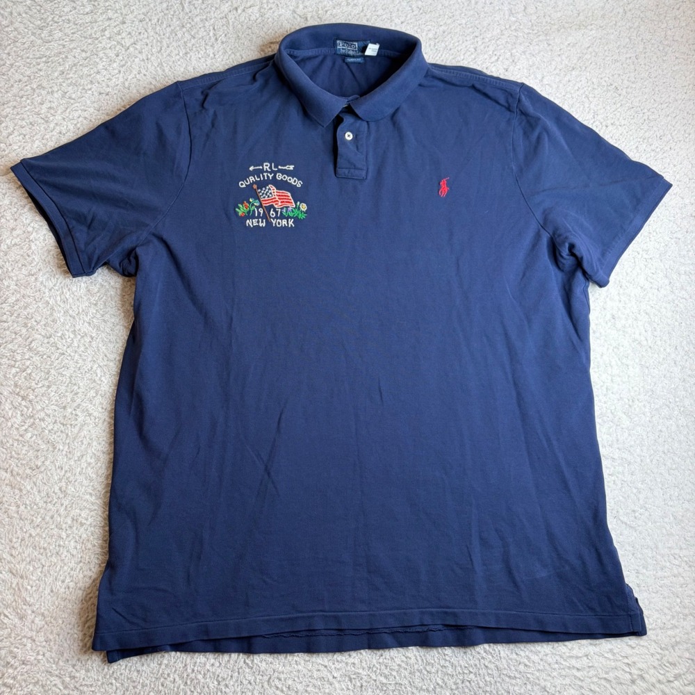 Polo Ralph Lauren Mens XXL Navy Blue RL Quality Goods 1967 Flag Polo Shirt